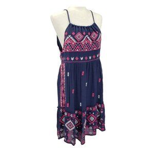 Savanna Jane Halter Sundress Size S Navy Blue Embroidered Aztec Boho Lined Beach
